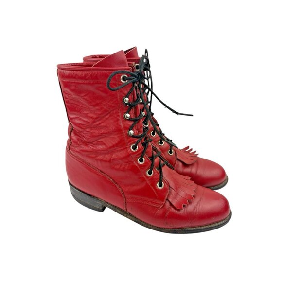 Justin Kiltie Tassle Boots Womens 6.5 Red Leather Western Cowgirl Heritage Lacer - Picture 6 of 16